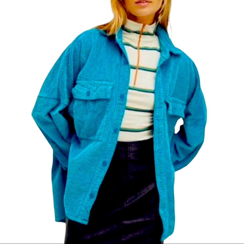 New CP Shades x Free People Teal Oversized Corduroy Buttondown Top / Jacket USA